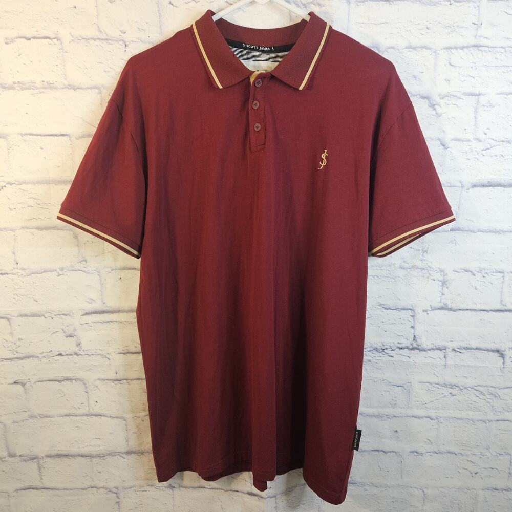 Scott James Polo Shirt Mens XL Red Striped Collar Short Sleeve Casual Prep - Picture 1 of 5